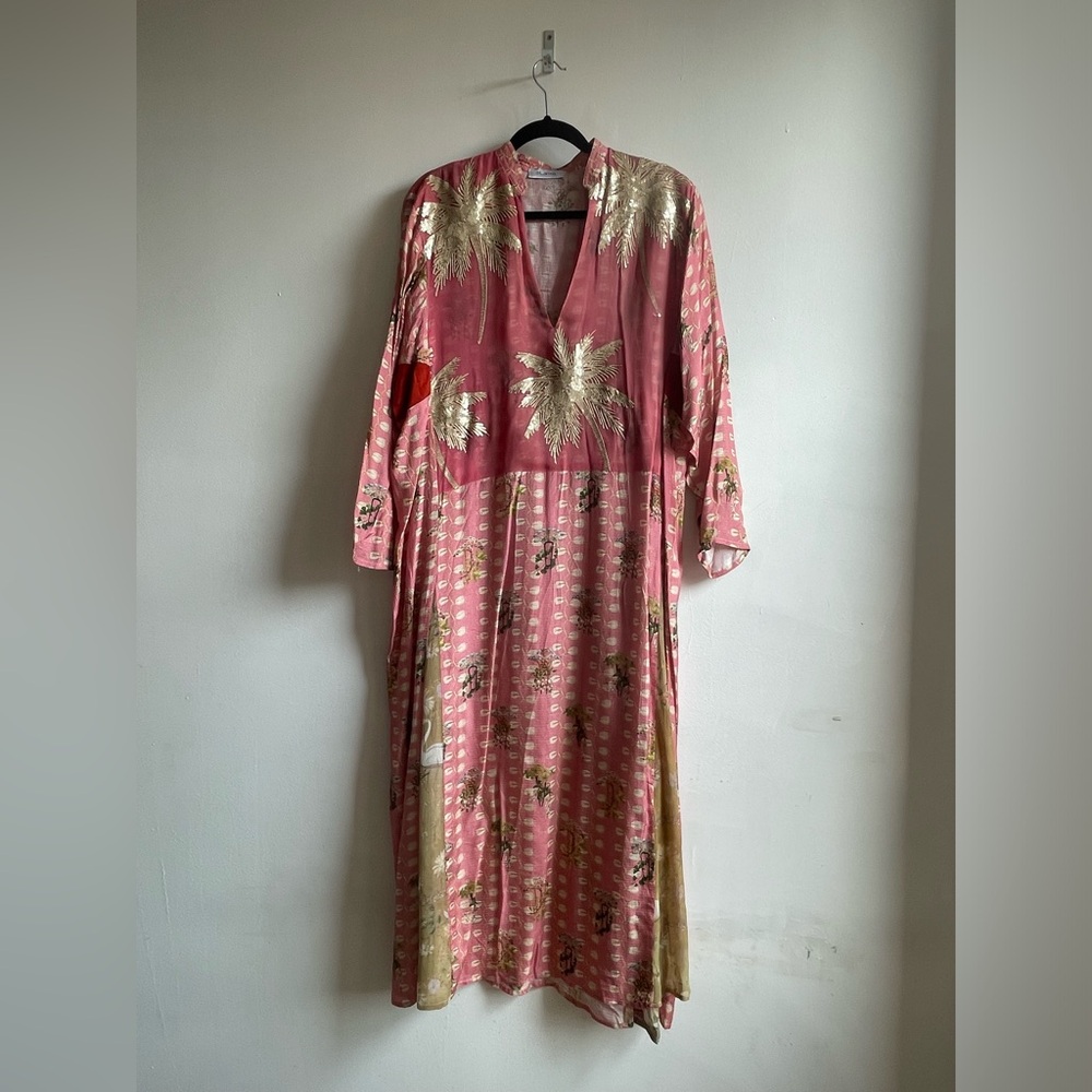 Ailanto silk sequin palm tree coral caftan gown